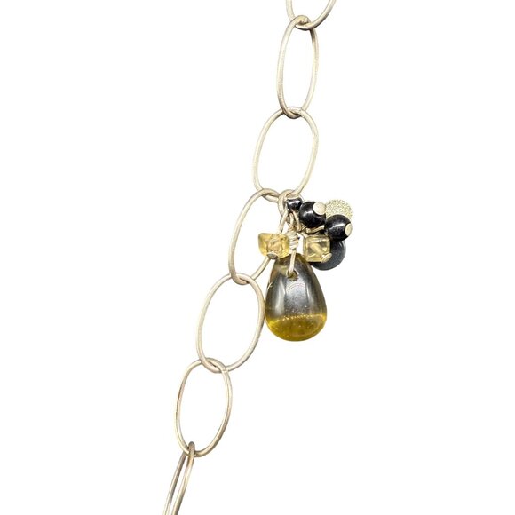 Black Beaded Green Crystal Station Charms Chain Long Necklace Silver Tone - Picture 3 of 8